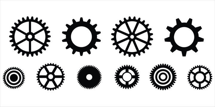 Collection of Ten Black Gear Icons in Various Sizes and Designs on White Background cogwheel mechanical
