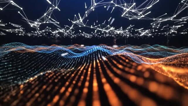 Abstract digital landscape with interconnected nodes and data visualization, perfect for technology concepts.