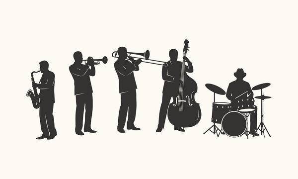 Silhouette illustration of jazz band musicians playing.