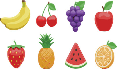 Fototapeta premium Colorful fruit icons set with banana, cherry, grape, apple, strawberry, pineapple and watermelon, fresh healthy food vector collection isolated on white background