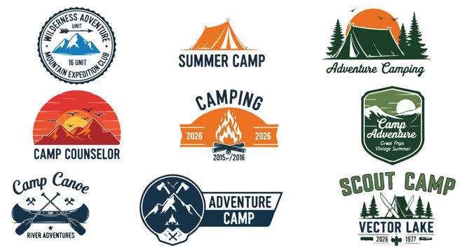 Vintage camping badges and summer camp logos, set of 9 vector wilderness adventure emblems, retro scout camp and mountain expedition labels