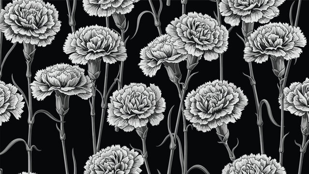 Detailed monochrome pattern of carnation flowers with long stems filling a black background for a classic and elegant botanical textile.