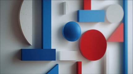 Obraz premium An abstract geometric composition featuring bold blue, red, and white shapes and forms against a white background, showcasing modern design principles