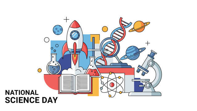 National science day composition with rocket launch, DNA strand, planets, microscope, and various scientific books.