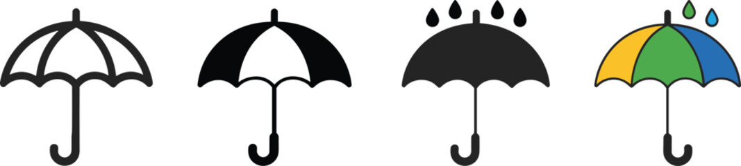 Four umbrella icons in black and white and color with rain drops protection weather © MdRayhan
