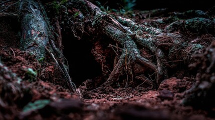 Fototapeta premium Intricate Woven Tree Roots Forming a Dark Hidden Entrance in Forest Ground