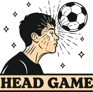 Soccer player headbutts ball with motion lines and sparks