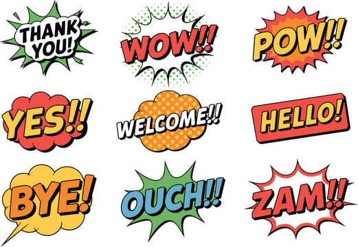 Comic book speech bubbles with words: thank you, wow, pow, yes, welcome, hello, bye, ouch, zam