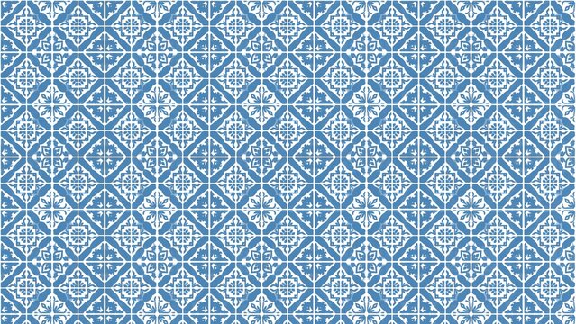 Traditional blue and white seamless pattern featuring ornate geometric Mediterranean style tiles