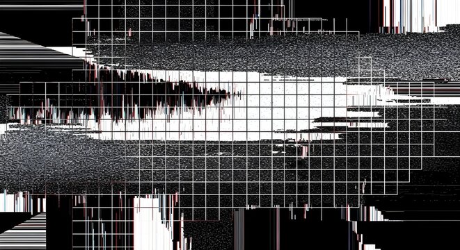 Digital abstract art with intense glitch effects and visual distortions. Featuring grid patterns, static noise, and rough brushstrokes in sharp, futuristic black-and-white contrasts.