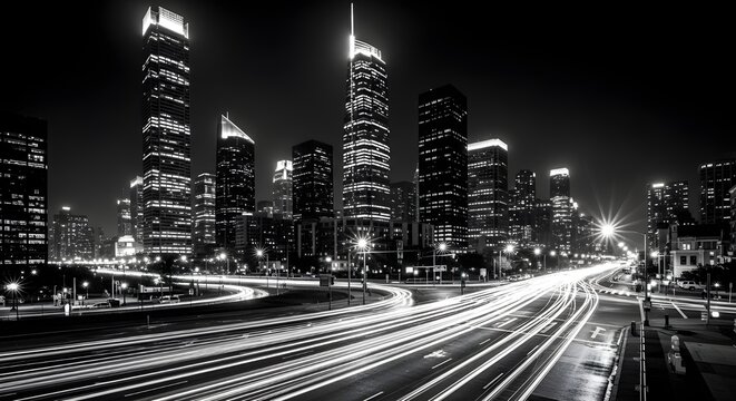 Black and white night view of a metropolis with majestic skyscrapers and dynamic long exposure light trails on the highway.