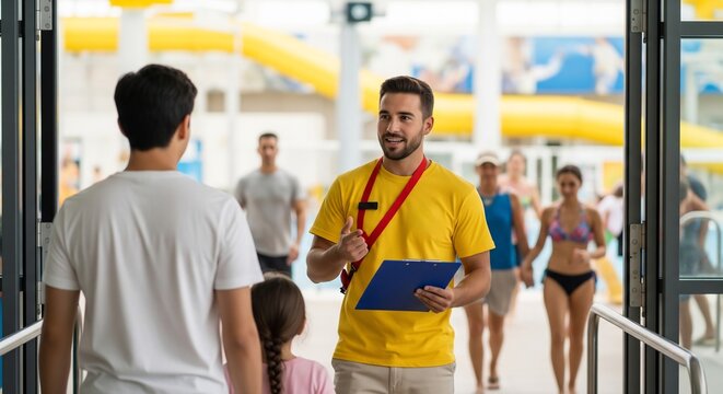 Professional lifeguard in yellow shirt holding clipboard talking to visitors at the entrance of an indoor water park.