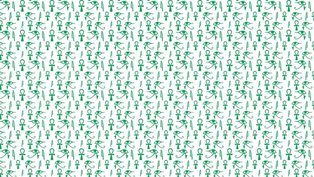Green ancient Egyptian hieroglyphic symbols form a repeating seamless pattern on a white background.