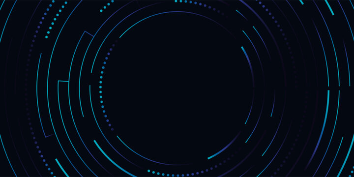 Glowing HUD circles with electronic elements on dark blue background. Digital tech backdrop. Computer circuit board for AI design. Vector illustration. EPS 10