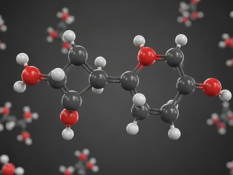 3d render of a chemical molecular structure of a polyphenol compound, representing antioxidants and organic chemistry concepts