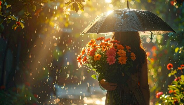 Woman Holding Bouquet Under Umbrella in Rainy Sunlight.