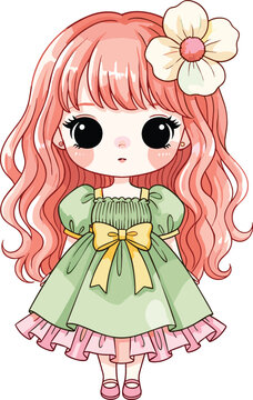 Cute doll girl character with pink hair and green dress, adorable chibi style cartoon illustration for kids design in soft pastel vector isolated on white background