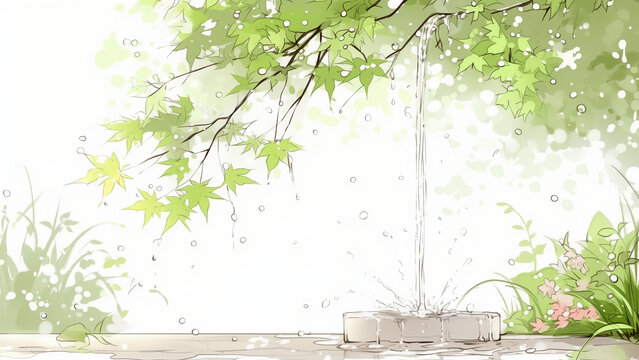 新緑に囲まれた噴水と雨が降る静かな庭園の風景