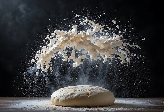 A dynamic shot of white flour exploding into the air above a fresh round loaf of raw bread dough. padeiro