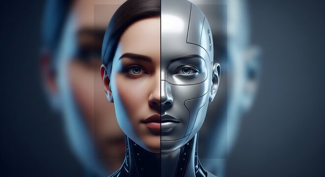 Human and robotic face split in half, futuristic concept.