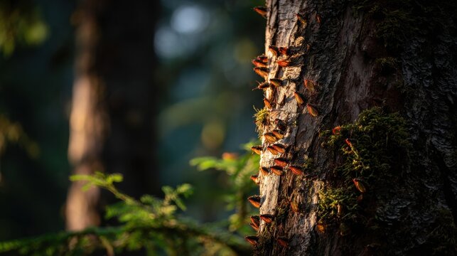Abundant swarm of cicadas clinging to textured tree bark in a sunlit forest setting, showcasing a captivating natural phenomenon