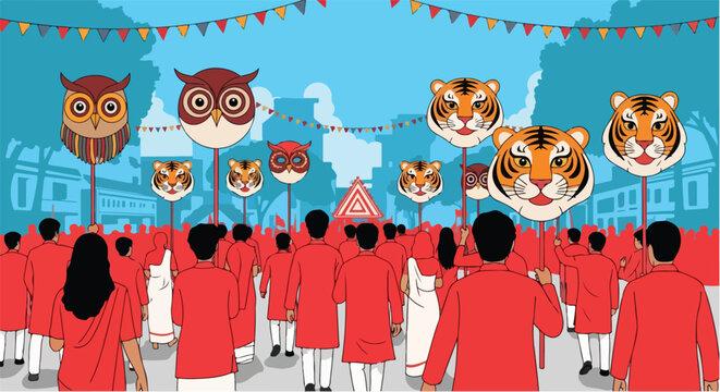 A vibrant cultural parade featuring a large crowd of people in red attire carrying owl and tiger head cutouts under a festive sky.