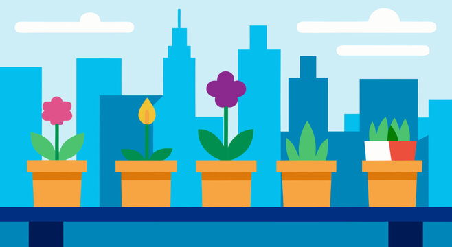 Various potted plants and flowers are displayed on a ledge with a city skyline in the background