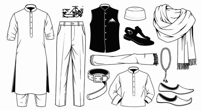Traditional Muslim Men Clothing and Accessories Vector Set