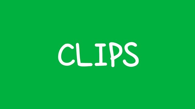Simple animated text showing the word clips on green background, bold white typography for video editing concept, media content