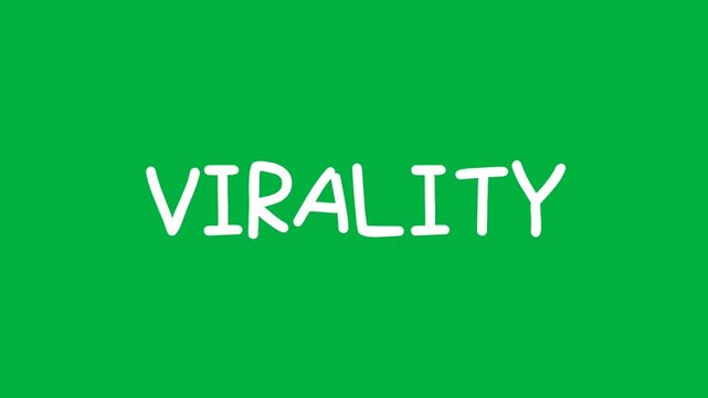 Animation word Virality in large white letters on a green background, ideal for social media growth, marketing concepts, and digital engagement visuals.