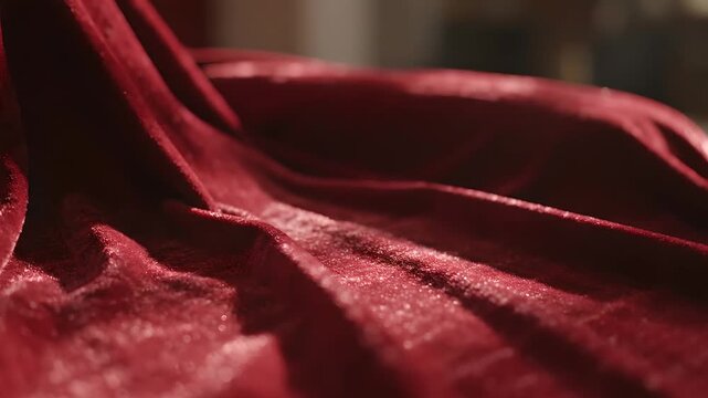 Terciopelo rojo festivo con pliegues elegantes, fondo de tela lujosa para celebraciones del Cinco de Mayo, textura de traje folcl&oacute;rico mexicano, decoraci&oacute;n teatral y eventos.