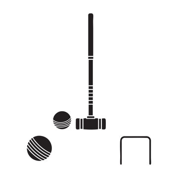 Croquet garden game icons with mallet balls and hoop