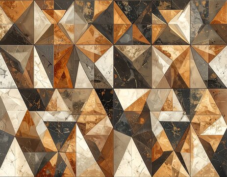 Geometric tessellation of triangular shapes featuring varied textures and colors, including marble and earth tones, creating a complex pattern