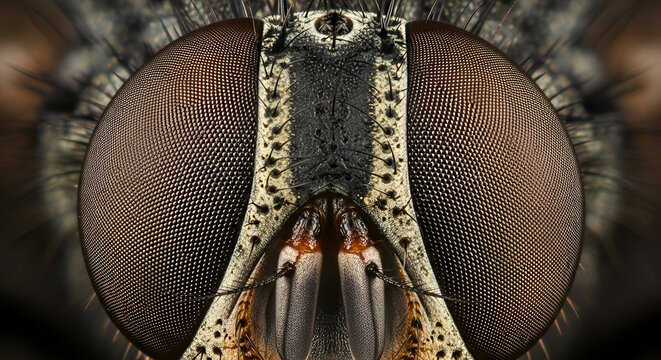 Extreme close up macro photograph of a fly s compound eye and head