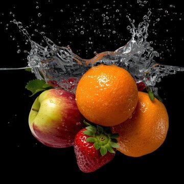close up of fresh fruits with splash of water on dark background