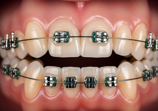 Closeup view of dental braces on upper and lower teeth showing orthodontic treatment details