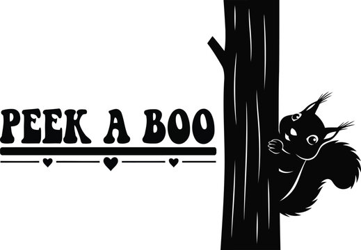 Squirrel peeking from behind tree with text peek a boo