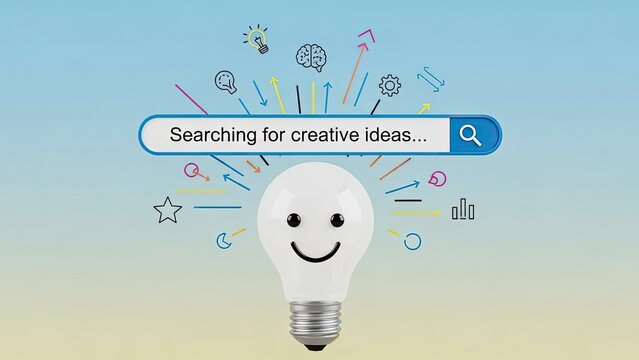 A smiling lightbulb with a search bar is surrounded by creative idea symbols