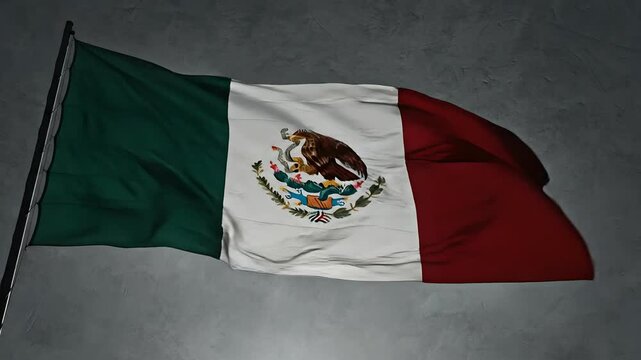 Bandera de M&eacute;xico ondeando sobre fondo gris elegante, s&iacute;mbolo patri&oacute;tico para Cinco de Mayo, D&iacute;a de la Independencia y promociones culturales mexicanas de alta calidad.