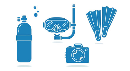 Set of blue line art vector icons for scuba diving and snorkeling adventures, featuring essential equipment such as a tank, mask, fins, and an underwater camera © GearUp