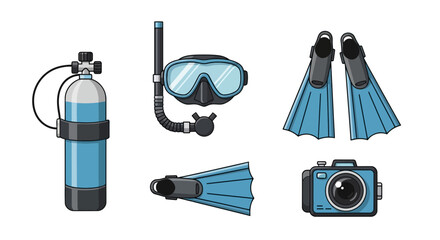 Comprehensive collection of essential aquatic exploration gear, featuring scuba diving equipment, snorkeling accessories, and a waterproof camera for underwater adventures and recreation © GearUp
