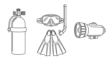 Vector line art of essential diving and snorkeling equipment, showcasing an oxygen tank, mask, snorkel, fins, and an underwater flashlight © GearUp