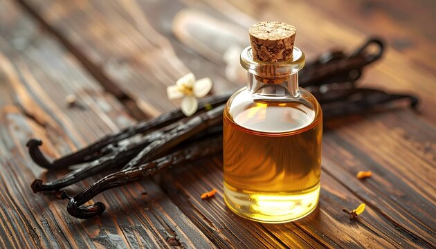 Vanilla extract bottle with vanilla beans and flower on wooden table.