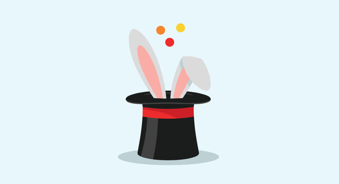 Magician trick featuring long white rabbit ears emerging from a classic black top hat with a red ribbon on a blue background.