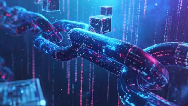 Abstract digital blockchain concept with interconnected chain links and data cubes in cyberspace.