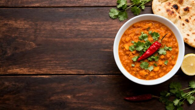Bowl of lentil curry with naan and garnishes
