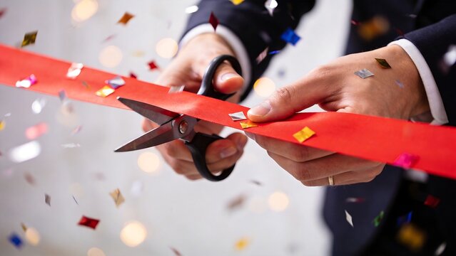 Person cutting red ribbon with scissors