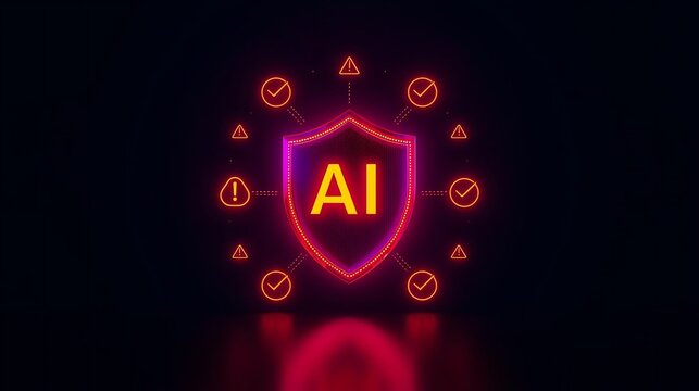 A neon shield with ai inside and warning signs around it