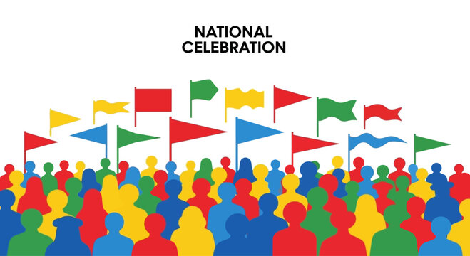 Colorful crowd of people celebrating with flags for a national event.