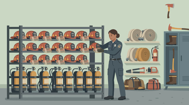Female firefighter organizing equipment in fire station storage